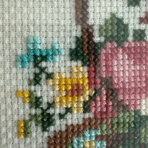 Vintage Floral Basket Cross-Stitch Wall Art | Cottagecore Grandmillennial Decor - Picture 5 of 5